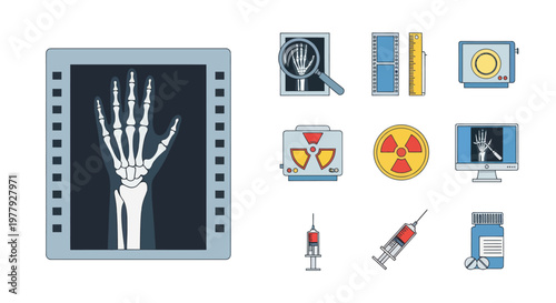 Medical Icons and X-ray Scan of Hand: Healthcare, Science, and Technology Concept