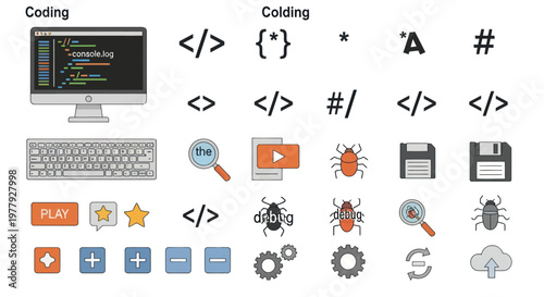 Coding and Debugging Icons: Computer, Keyboard, Code Symbols, Bugs, Magnifying Glass