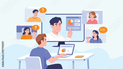 Young professional engaging in an online virtual meeting from a home office setup with colleagues