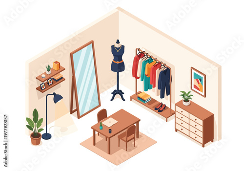 Cozy and stylish dressing room with a mirror, clothing rack, and vanity table