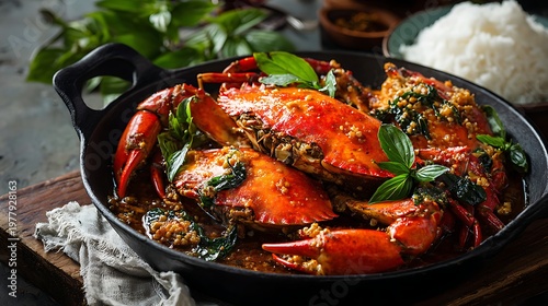 Chaa Kdam Meric Kchai, fried crab with Kampot green pepper, whole bright red crab in black iron skillet with golden garlic and fresh Kampot green peppercorns still on vine