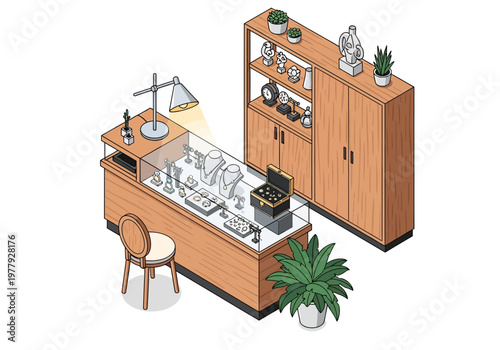 Isometric flat vector illustration of a jewelry store display and storage cabinets, creating a professional retail environment