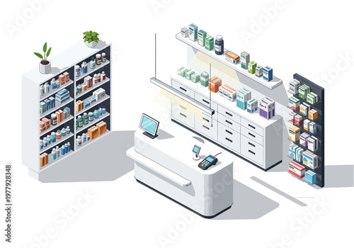 Isometric flat vector room set of a pharmacy with shelves, display, and counter