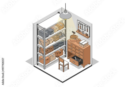 Isometric flat vector storage room with shelves, cabinet, chair, and tools