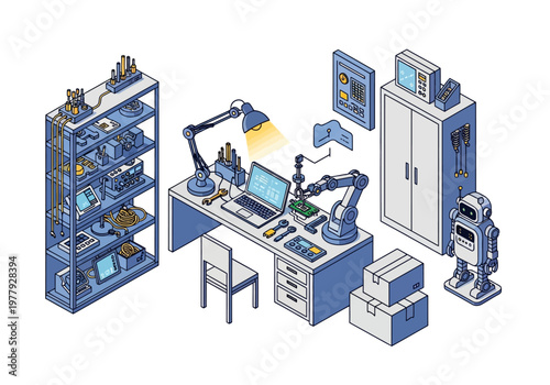 Isometric flat vector illustration of a futuristic science and technology laboratory workshop setup with a robot arm and android