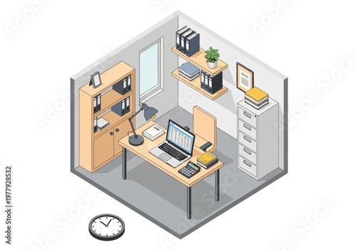 Isometric flat vector design of a modern office room interior, featuring a desk with computer, lamp, calculator, and filing cabinets