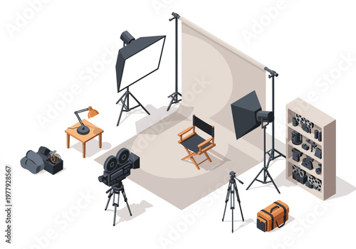 Photography studio setup with professional lighting equipment, cameras, and accessories for creating stunning visuals
