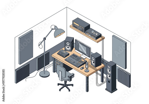 Isometric vector illustration of a home recording studio setup for music production and editing