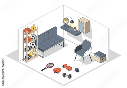 Isometric flat vector illustration of a cozy room filled with exercise equipment, showcasing a lifestyle of health and wellness
