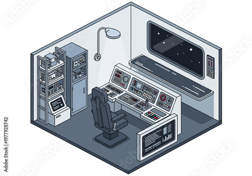 Futuristic Control Room Interior with Console and Starfield Window