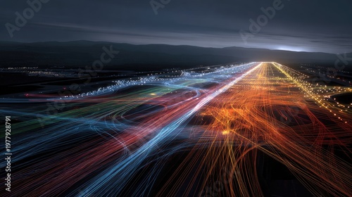 Vibrant light trails of vehicles on a busy highway at night, with mountains in the background