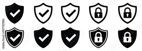 Shield security icon set vector showing protection, privacy, check mark, and lock symbols for cybersecurity, safety, digital security, app interfaces, and branding design concept.