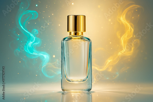 Luxury Glass Bottle with Gold Cap and Neon Cyan Smoke