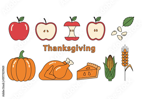 Happy Thanksgiving flat vector icon set featuring delicious food and harvest elements for a festive celebration