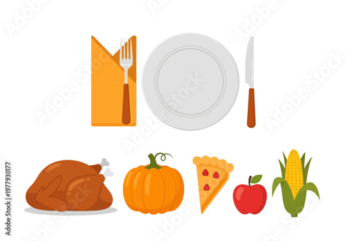A Festive Thanksgiving Flat Vector Set Featuring a Plated Meal with Roasted Turkey, Pumpkin, Pie, Apple, and Corn on the Cob