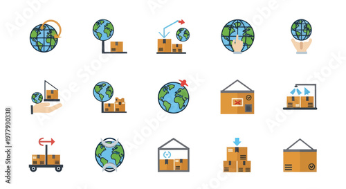 Global Shipping and Logistics Icons: Delivery, Transport, Globe, Package Icons