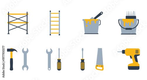 Construction & Renovation Tools Flat Icons Set: Scaffolding, Ladder, Paint Buckets, Drill, Saw, Wrenches