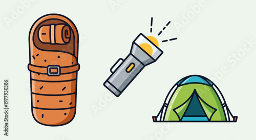 Camping Gear Icons: Tent, Sleeping Bag, and Flashlight on Light Background
