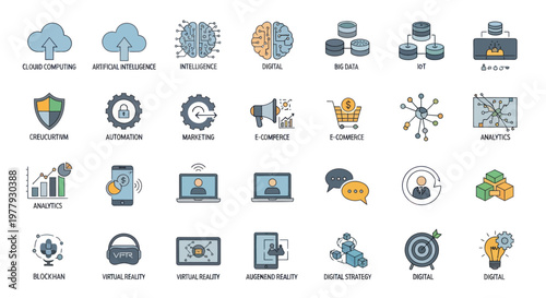 Technology Icons Set: Cloud, AI, Data, Big Data, Security, Automation, Marketing, Digital