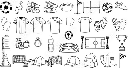 Detailed Hand-Drawn Doodle Set of Soccer and Football Sports Equipment, Gear, and Accessories. Includes Ball, Jerseys, Boots, Stadium, Trophy, Whistle, Goal, and Game Elements.