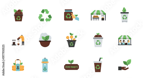 Eco-Friendly Icons: Recycling, Zero Waste, Sustainable Living, Organic Food, Agriculture