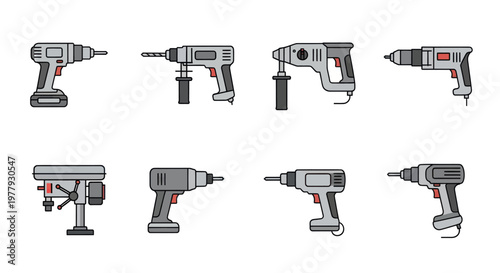 Set of 8 Modern Power Drills Icons and Illustrations - Tools Collection