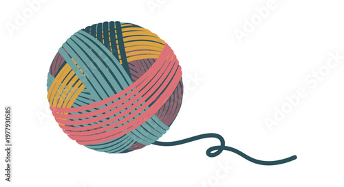 Colorful Yarn Ball with Unraveling Thread, Crafting and Knitting Concept