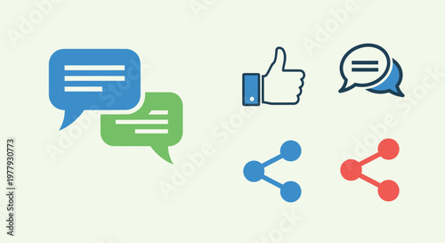 Social media icons: chat, like, share, communication symbols on light background