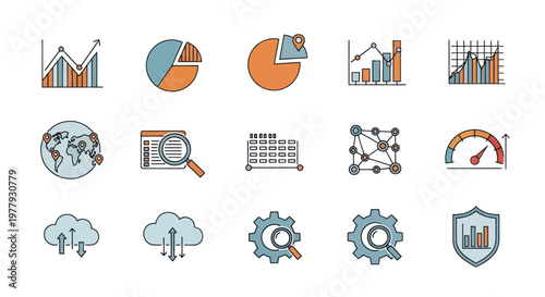 Data Analysis Icons Set: Charts, Graphs, Cloud, Network, World Map, Analytics