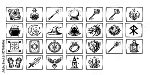 icon sheet collection of fantasy role-playing game assets including magic spells, medieval weapons, mystical crystals, and ancient artifact illustrations.