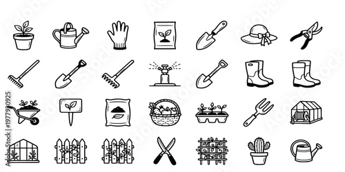icon sheet collection of gardening tools and agriculture equipment featuring watering cans, shovels, plants, greenhouses, and backyard maintenance symbols.