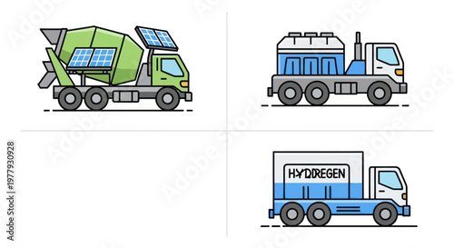 Eco-Friendly Trucks: Solar Cement Mixer, Hydrogen Fuel Tanker, Electric Power Truck