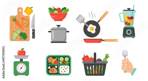 Healthy Eating Food Preparation Icons: Cooking, Dieting, Nutrition, and Meal Prep