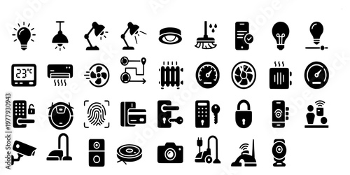 icon sheet collection of smart home technology and security systems featuring lighting control, temperature sensors, cameras, and biometric access.