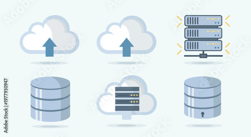 Cloud Computing Icons: Upload, Database, Server Rack, Data Storage