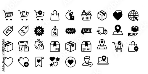 icon sheet collection of e-commerce business and online shopping symbols featuring carts, delivery boxes, discount tags, and location tracking.