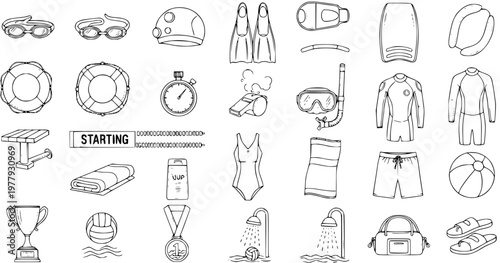 Hand-drawn vector outline icons set of swimming, aquatic sports, and beach equipment. Includes goggles, swimsuits, fins, pool accessories, and diving gear in a doodle style.