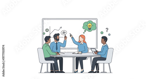 Business team brainstorming ideas around a table with whiteboard presentation