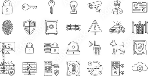 Security Doodle Icons: Hand-Drawn Safety  Protection Symbols