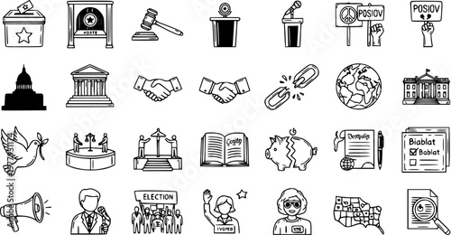 Hand Drawn Doodle Political and Government Icons Set: Elections, Justice, Protest, Peace, Freedom, and Social Concepts.