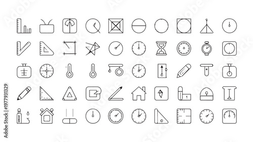A diverse collection of black and white line art icons representing various concepts, from time and measurement to weather and architecture
