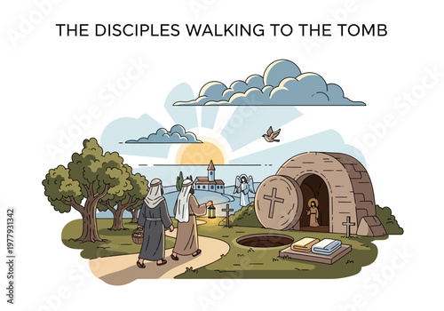 Disciples walking to tomb with a cross and sunrise, illustrating Easter Sunday and resurrection