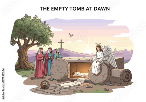The Empty Tomb at Dawn A Vector Illustration Depicting the Resurrection of Jesus Christ