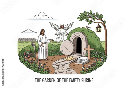 A Flat Vector Illustration Titled 'The Garden of the Empty Shrine' Depicting the Resurrection of Jesus Christ
