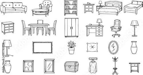 Hand-drawn outline set of furniture and home decor elements. Sketchy household objects collection, vector illustration.