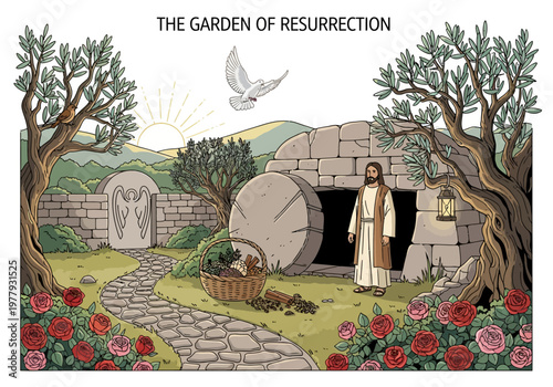 The Garden of Resurrection An illustration depicting Jesus standing by an open tomb with a dove flying overhead amidst a blooming garden and a stone door