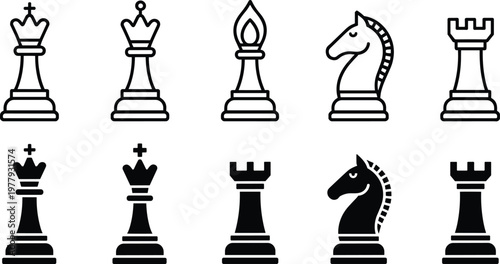 Chess pieces icon set, king queen bishop knight rook symbols, outline and solid styles, strategy game elements, vector illustration isolated on white background