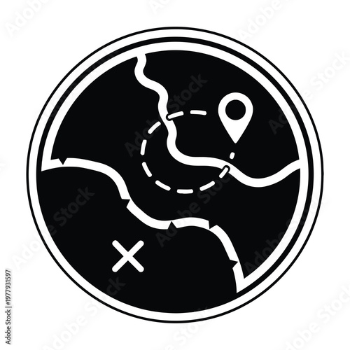 Map navigation symbol with location pin and route path on black background