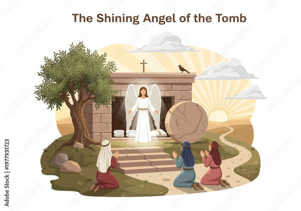 Fototapeta premium The Resurrection of Jesus A Radiant Angel Appears to Mourning Women at an Empty Tomb