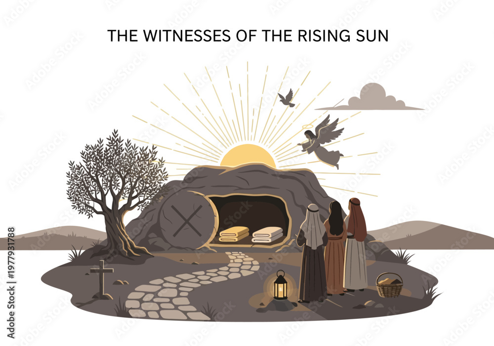 Fototapeta premium Easter morning Women discover the empty tomb as the sun rises, symbolizing resurrection and hope